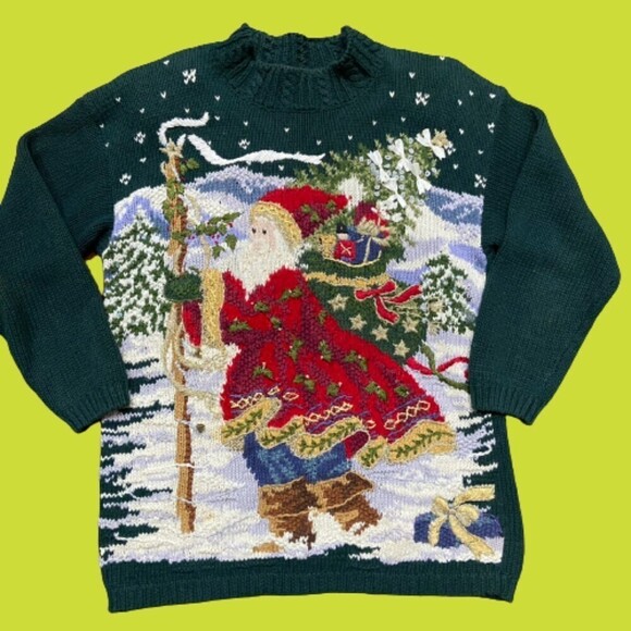 Tiara International Hand Knit Winter Santa X-Mas Crewneck Sweater Women's Large - Picture 1 of 9